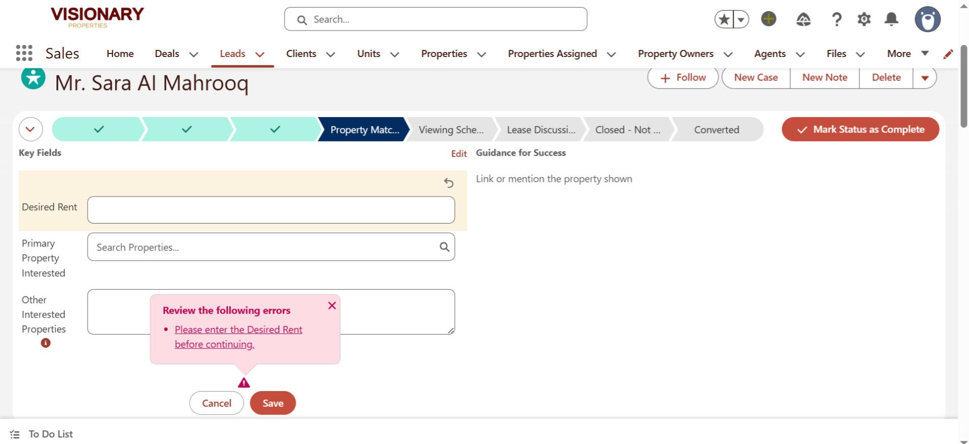 Validation in check, Lead Path defined with its key fields