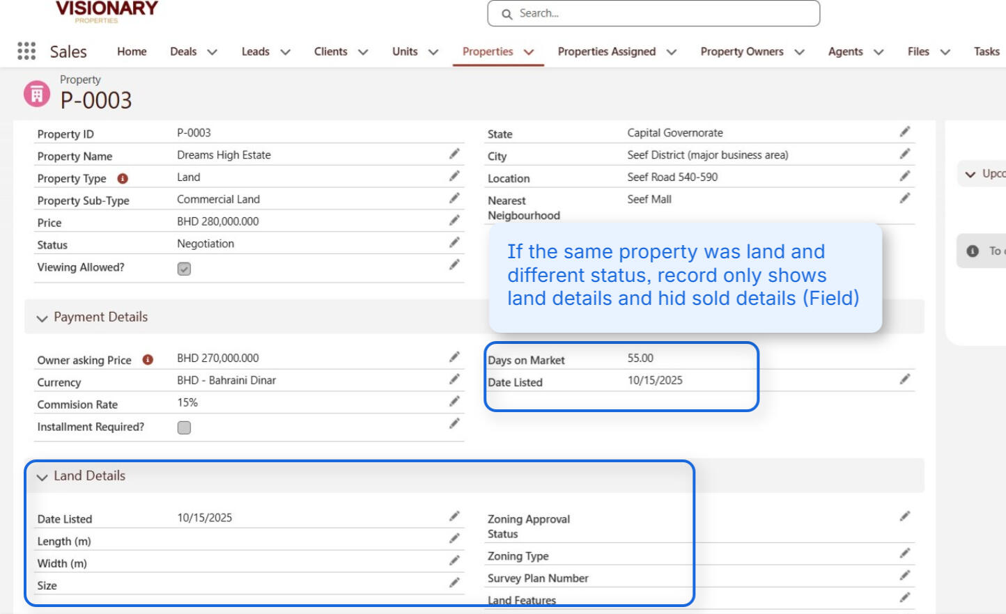 Land property Record Page