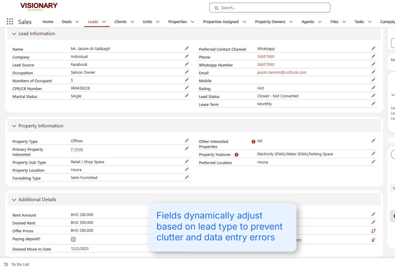 Rental Lead Type showing only Relevant fields