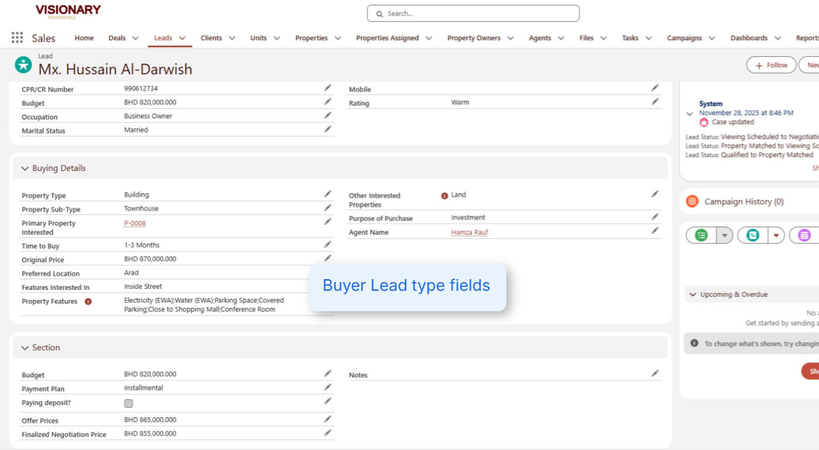 Buyer lead type showing only relevant fields